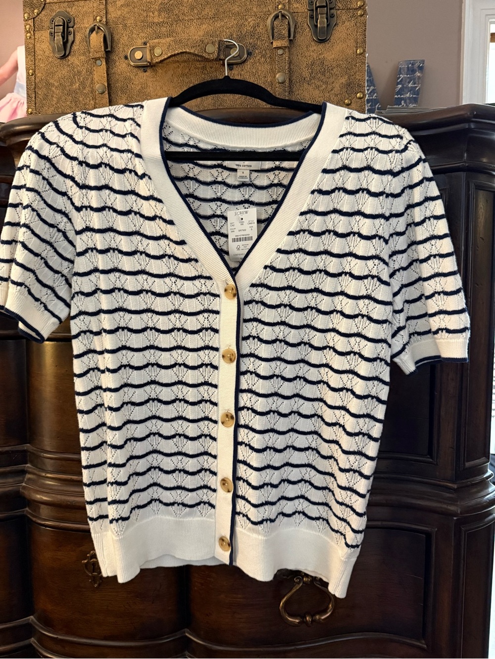 J. Crew White and Navy Openwork Stripe V-Neck Cardigan